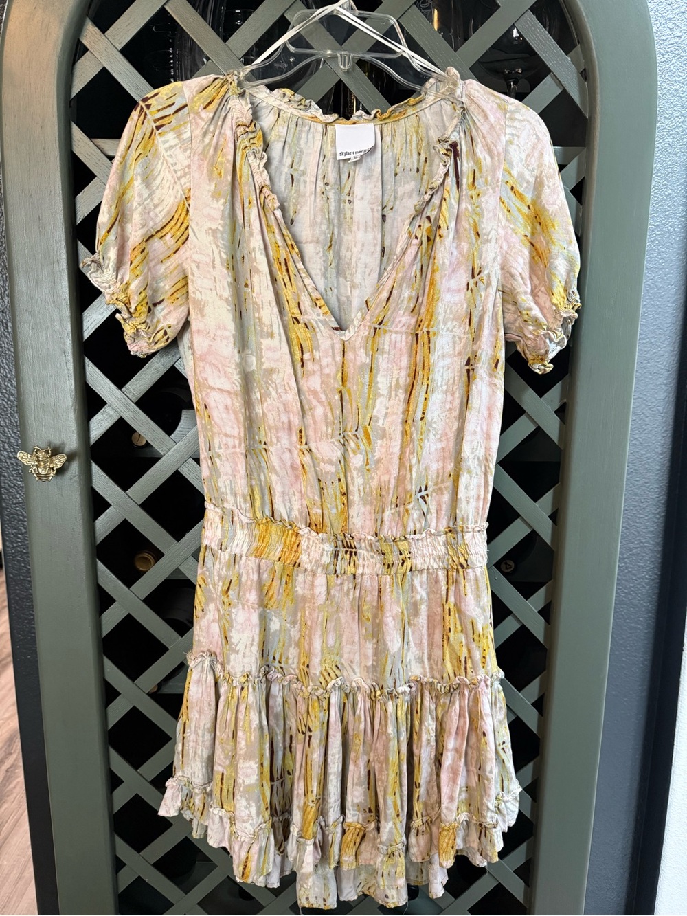 Flirty Skylar + Madison Pink, Yellow & Cream V-Neck Tiered Mini Dress